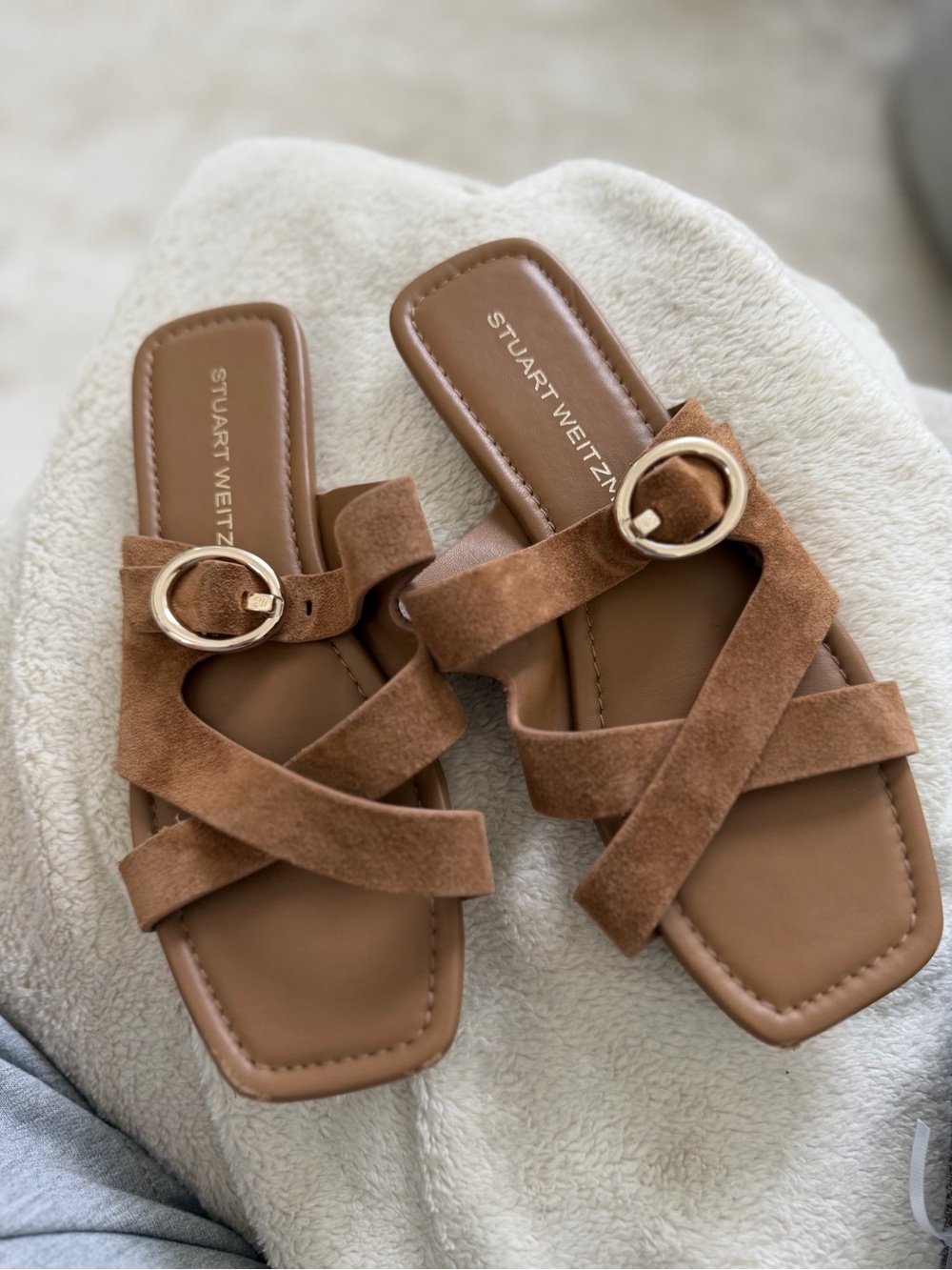 Stuart Weitzman Tan Suede Crisscross Slide Sandals with Gold Buckle